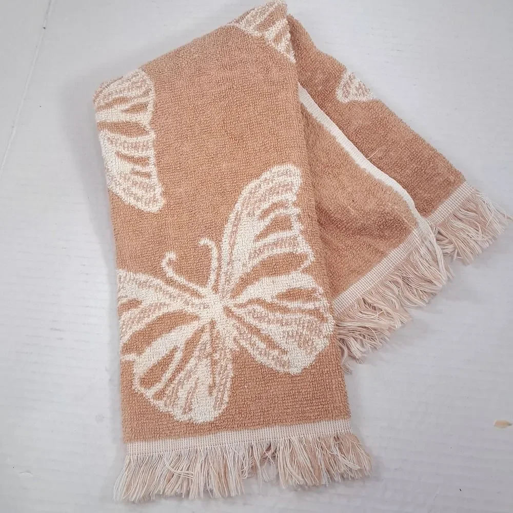 Vintage West‎ Point Lady Pepperell Butterfly bath hand towel brown cream fringe